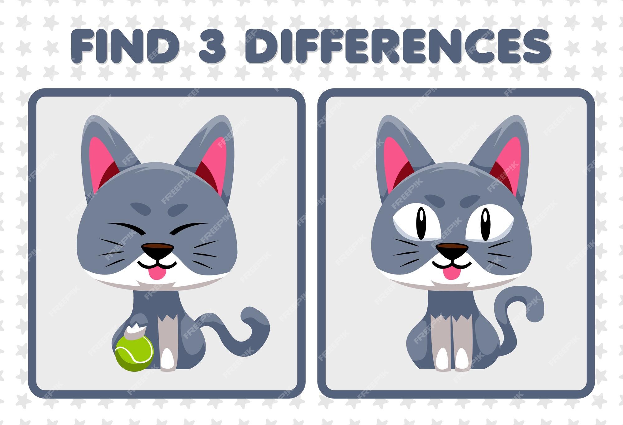 Jogo de educação para crianças encontra três diferenças entre dois gatos  fofos