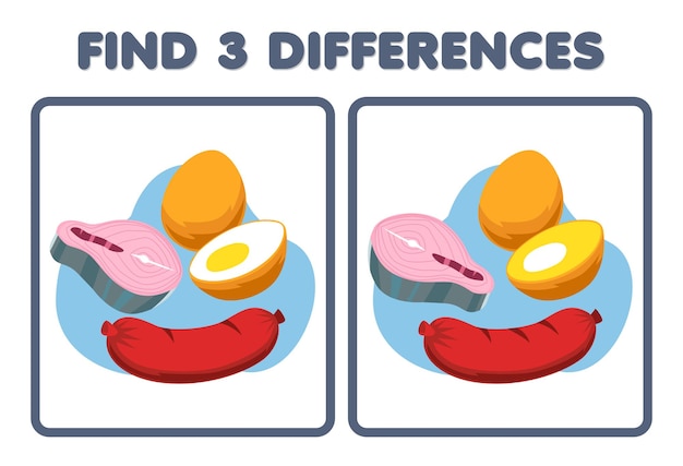Jogo de educação para crianças encontra três diferenças entre duas imagens de desenho animado de salsicha de ovo de salmão de comida