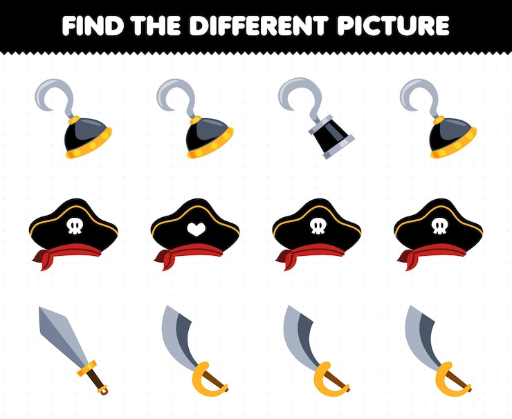 Vetor jogo de educação para crianças, encontre a imagem diferente em cada linha de chapéu de gancho de desenho animado e planilha de pirata para impressão de espada