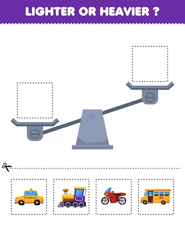 Jogo de educação para crianças mais leves ou mais pesadas corte as fotos  abaixo e cole na caixa certa com transporte de desenho animado táxi trem  moto ônibus