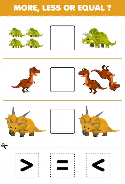 Jogo de educação para crianças mais menor ou igual conte a quantidade de dinossauro de chifre pré-histórico dos desenhos animados, em seguida, corte e cole o sinal correto