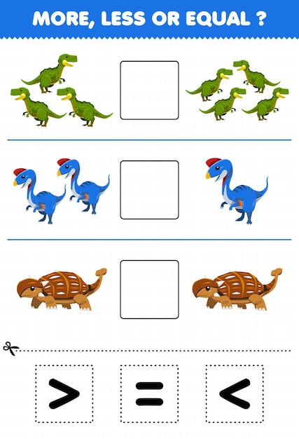 Jogo de educação para crianças mais menor ou igual conte a quantidade de dinossauro pré-histórico dos desenhos animados yangchuanosaurus oviraptor ankylosaurus então corte e cole o sinal correto