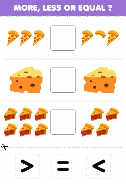 Jogo de educação para crianças mais menos ou igual conte a quantidade de pizza de comida de desenho animado torta de queijo e depois corte e cole o sinal correto