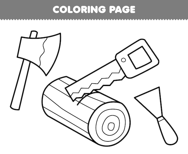 Jogo de educação para crianças, página de colorir de uma serra de machado de desenho animado e folha de trabalho de ferramenta para impressão de arte de linha de cinzel