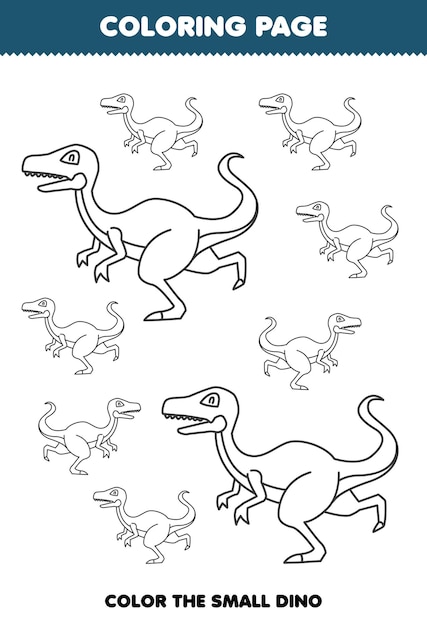 Jogo de educação para crianças página de colorir imagem grande ou pequena de desenho bonito folha de trabalho imprimível de arte de linha velociraptor dinossauro pré-histórico de desenho animado