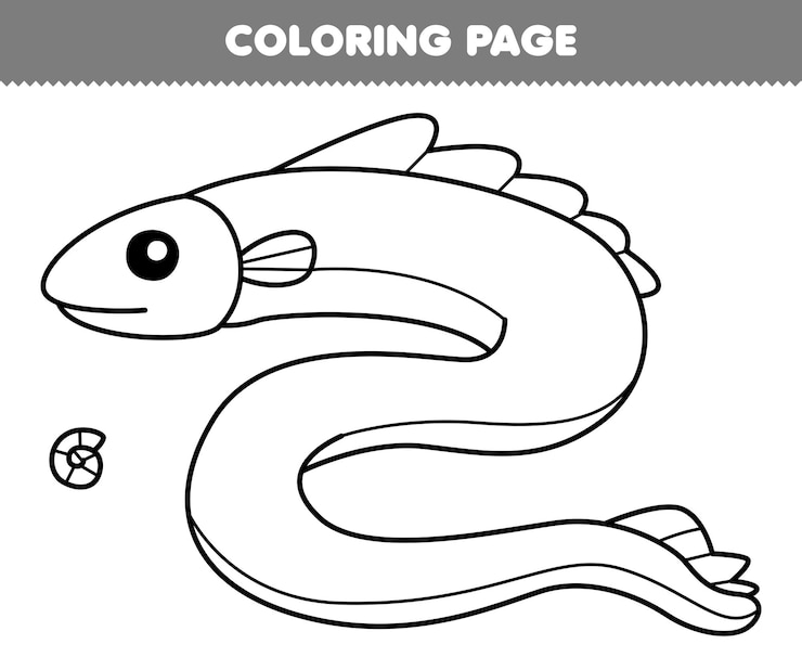Jogo de educação para crianças, página para colorir de arte de linha de enguia de desenho animado, folha de trabalho subaquática imprimível