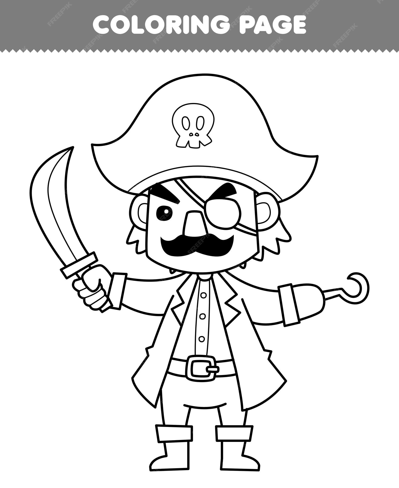 Jogo de educação para crianças, página para colorir de bonito desenho  animado, capitão pirata, arte de linha, planilha de pirata para impressão