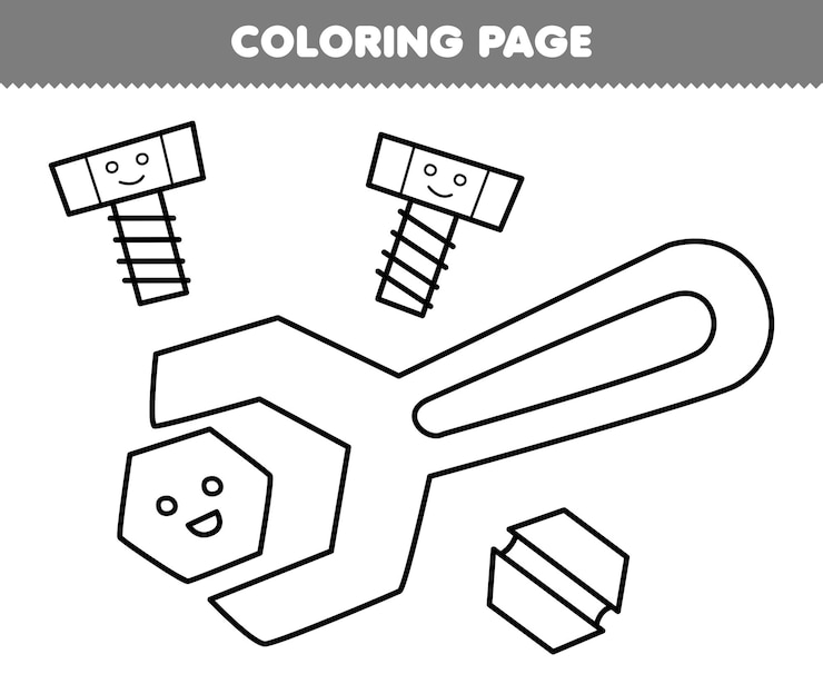 Vetor jogo de educação para crianças, página para colorir de parafuso de desenho animado bonito e planilha de ferramentas para impressão de arte de linha de chave inglesa