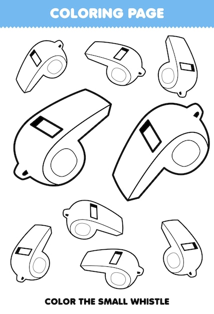 Jogo de educação para crianças para colorir imagem grande ou pequena de planilha para impressão de apito de instrumento musical