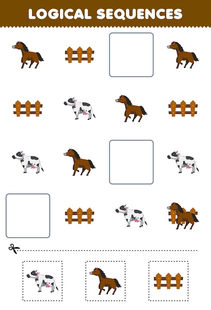 Jogo de educação para crianças sequências lógicas para crianças com planilha de fazenda para impressão de imagem de vaca de cavalo bonito de desenho animado