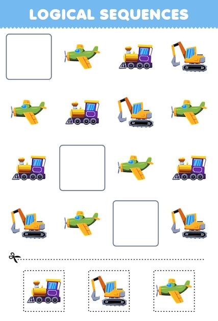 Jogo de educação para crianças sequências lógicas para crianças com planilha de transporte imprimível de locomotiva de avião de desenho animado bonito