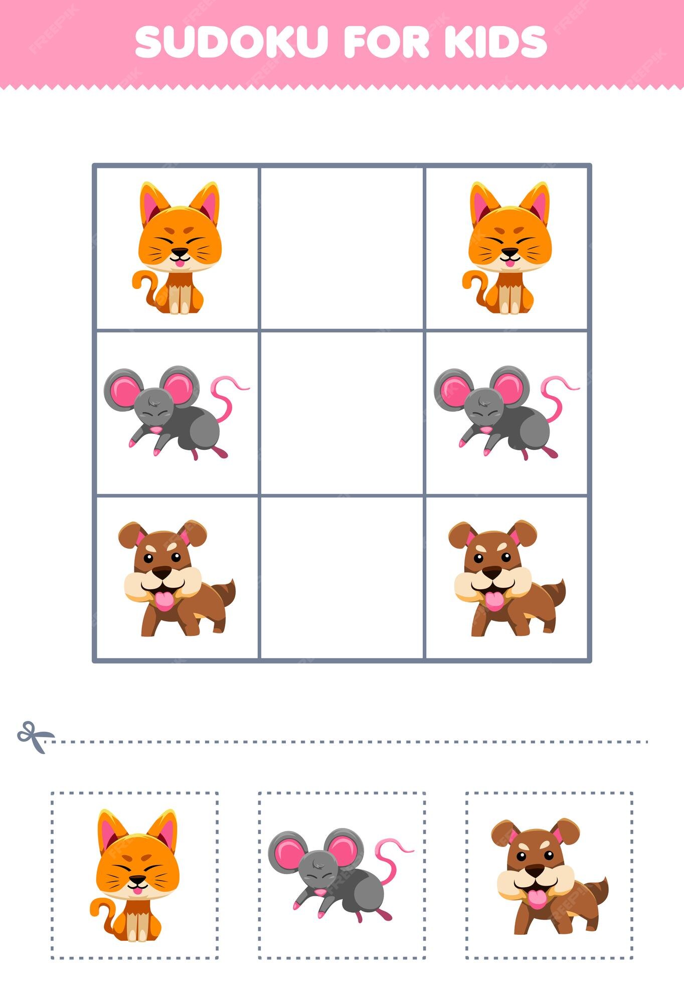 Jogo de educação para crianças sudoku fácil para crianças com desenho  animado bonito, gato, rato, cachorro, planilha animal para impressão