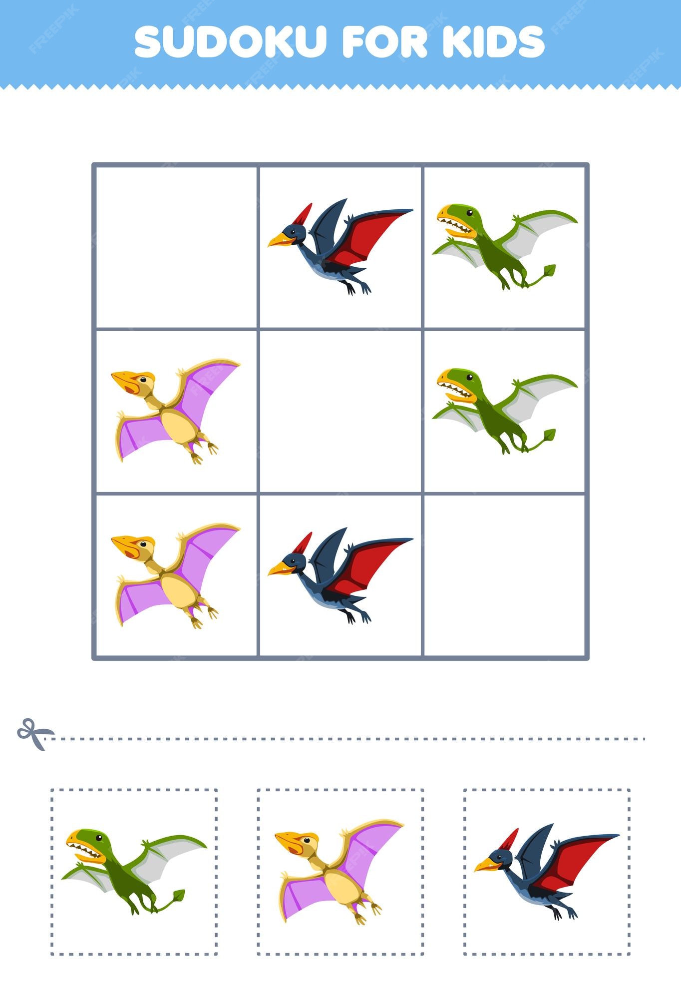 Jogo de educação para crianças sudoku fácil para crianças com dinossauro  azul bonito dos desenhos animados, planilha de dinossauro pré-histórico  imprimível