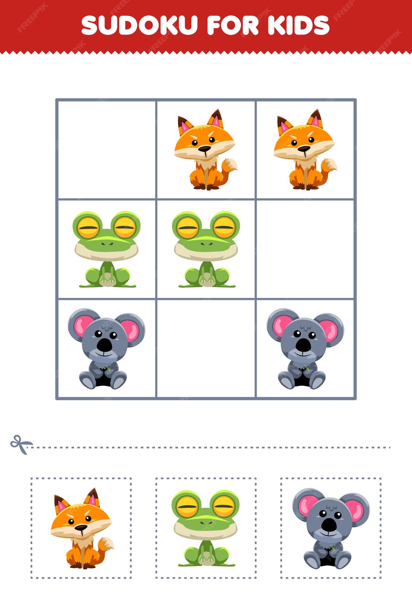 Jogo de educação para crianças sudoku fácil para crianças com folha de  trabalho animal para impressão de sapo de raposa bonito coala