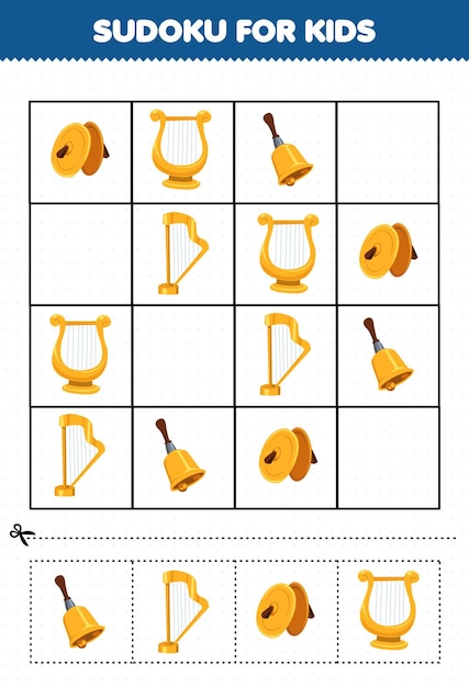 Jogo de educação para crianças sudoku para crianças com címbalos de instrumento de música de desenho animado lira sino harpa planilha imprimível