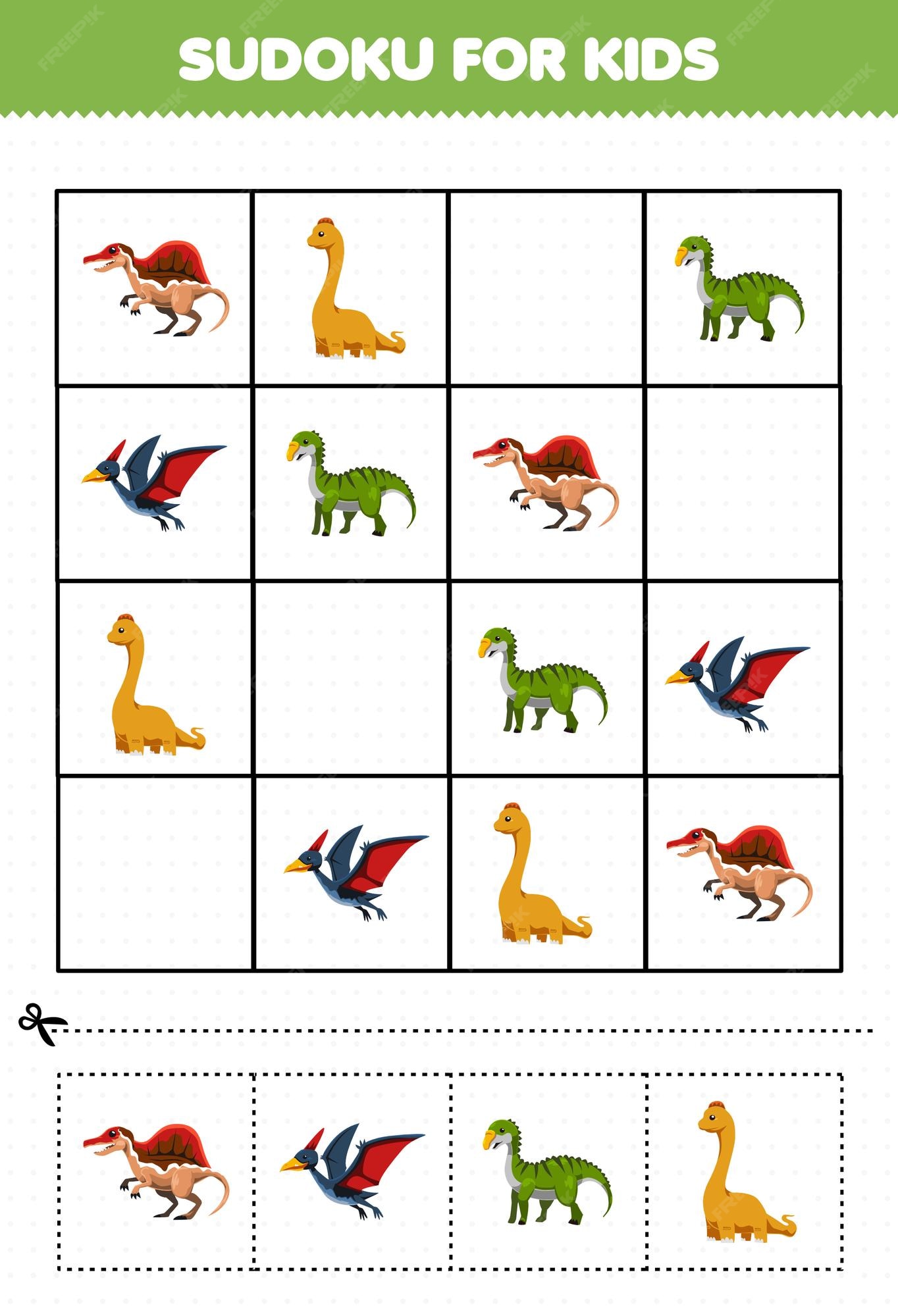 Jogo de educação para crianças sudoku fácil para crianças com dinossauro  azul bonito dos desenhos animados, planilha de dinossauro pré-histórico  imprimível