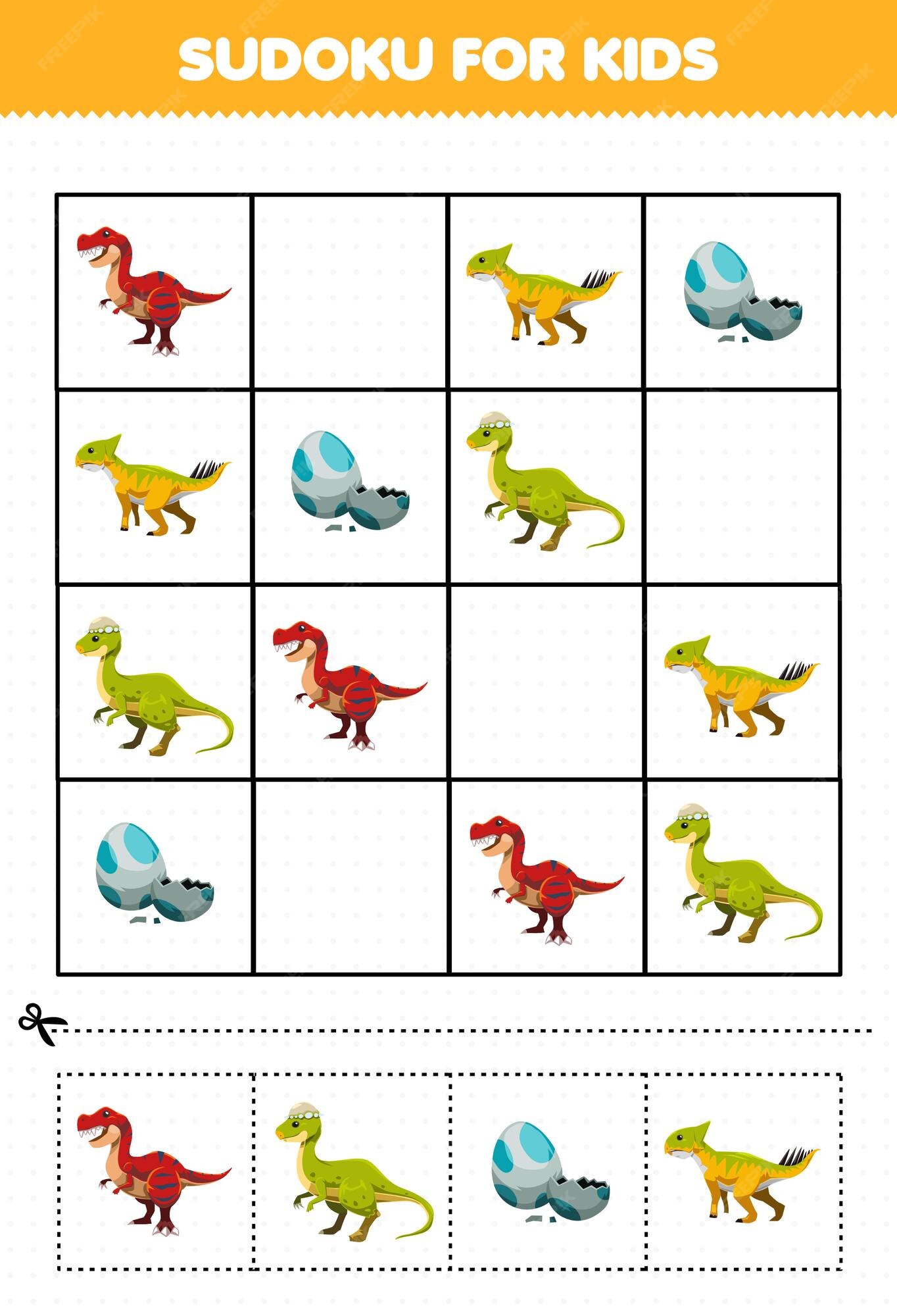 Jogo de educação para crianças sudoku fácil para crianças com dinossauro  azul bonito dos desenhos animados, planilha de dinossauro pré-histórico  imprimível