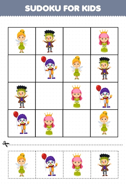 Jogo de educação para crianças sudoku para crianças com fada dos desenhos animados fofo frankenstein palhaço rainha fantasia planilha de halloween para impressão