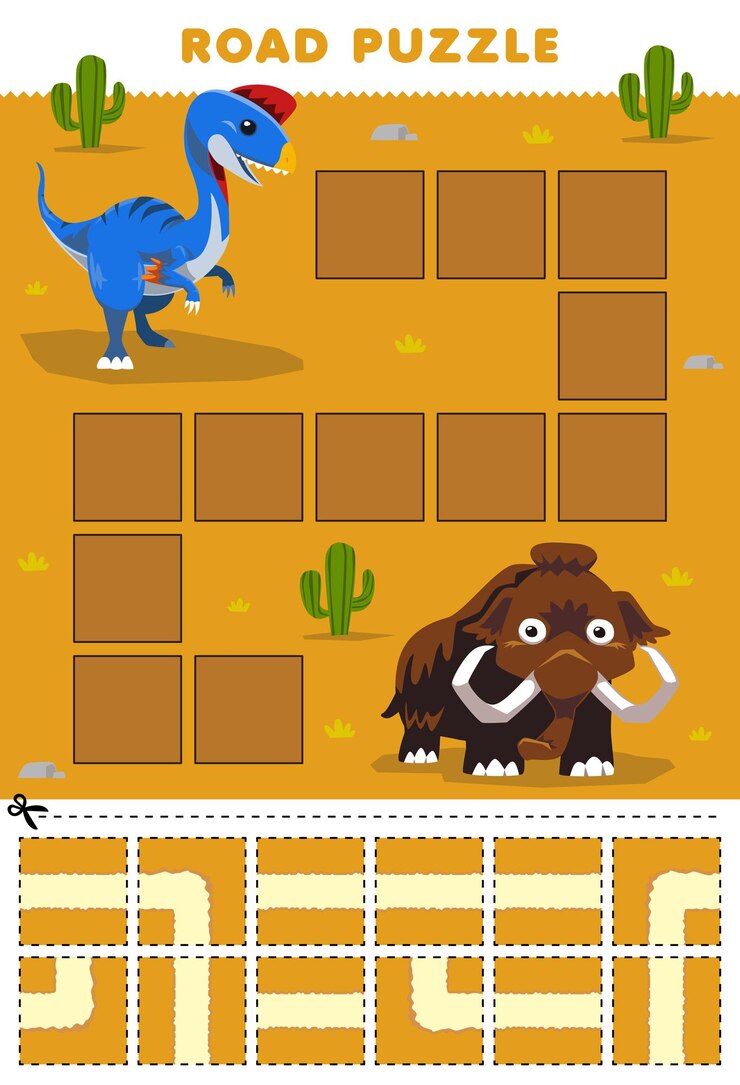 Vetor jogo de educação para quebra-cabeça de estrada infantil ajuda o oviraptor a se mover para a planilha de dinossauro imprimível de mamute