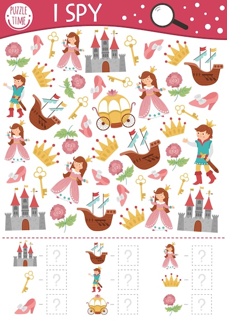 Jogo de espionagem de fantasia de conto de fadas para crianças pesquisando e contando atividades com o príncipe do castelo, princesa do castelo planilha imprimível do reino mágico para crianças pré-escolares quebra-cabeça simples de localização de contos de fadasxa