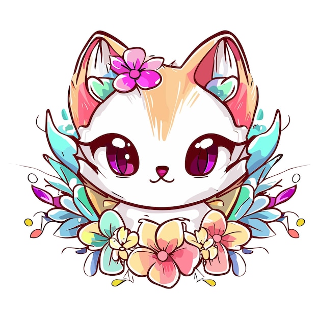 Jogo de gatinha floral flor de gato fofo ilustração em aquarela IA generativa