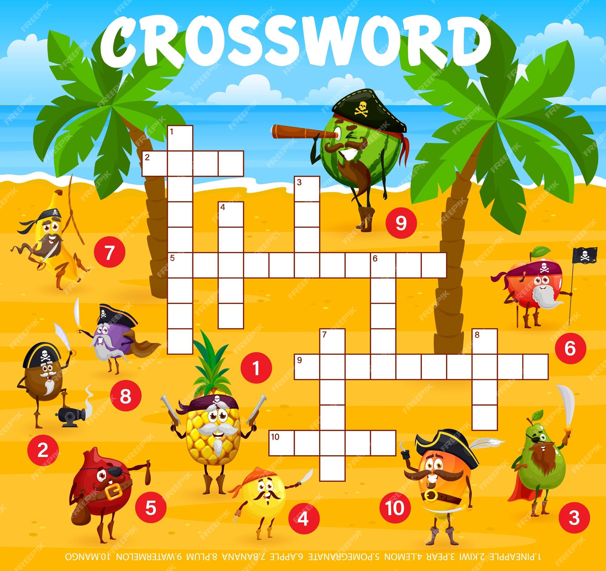 Jogo de quiz de palavras cruzadas frutas engraçadas de desenhos animados na  praia de verão planilha de vetor de quebra-cabeça de palavras cruzadas com  goiaba pêssego ameixa banana e maçã personagens engraçados