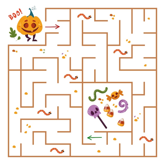 Jogo de halloween para crianças. labirinto quadrado com abóbora. o monstro está procurando uma maneira de fazer doces pelo labirinto. labirinto para o jogo infantil. o desenvolvimento de crianças em idade pré-escolar. diversão de ilustração vetorial