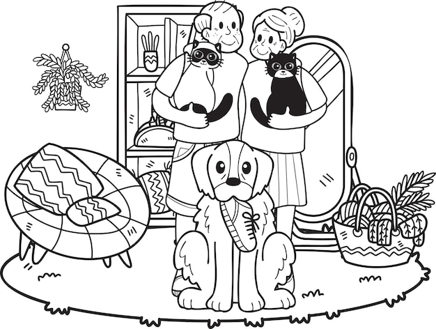 Jogo de idosos desenhados à mão com ilustração de cães e gatos no estilo doodle