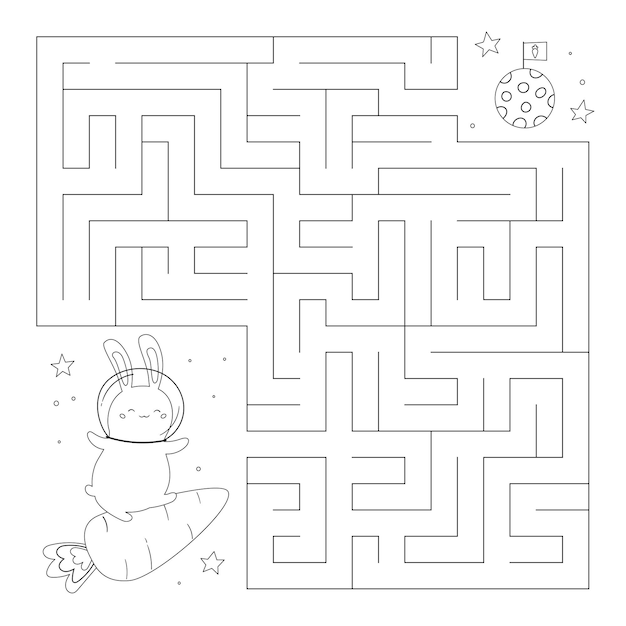 Jogo de labirinto com coelho espacial e lua