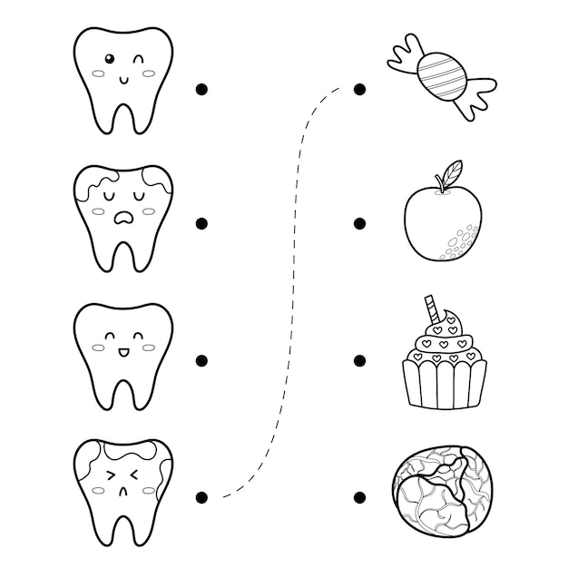 Jogo de labirinto de dentista para crianças. o que é bom para os dentes e o que não é página de atividades