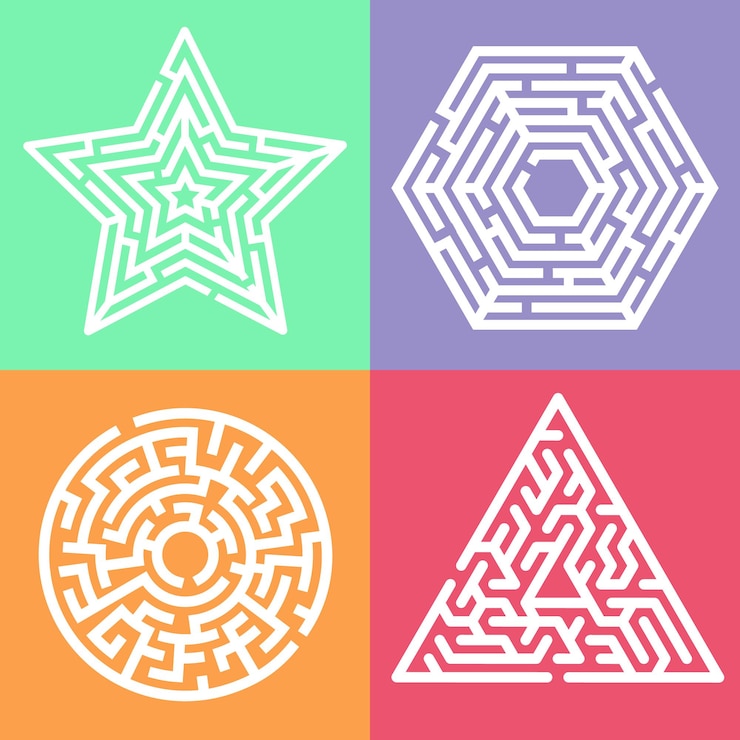 Vetor jogo de labirinto de labirinto para crianças. enigma da lógica do labirinto em forma de hexágono, estrela, círculo e triângulo.