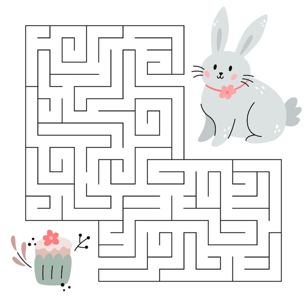 Vetor jogo de labirinto de primavera para crianças coelhinho bonito à procura de um caminho para o bolo feliz páscoa folha de trabalho imprimível