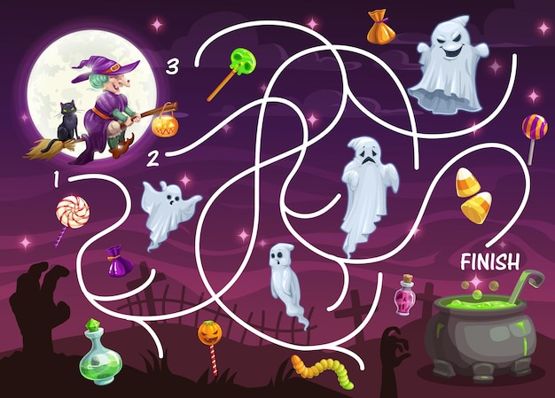 Jogo de labirinto infantil com monstros de halloween. as crianças encontram a planilha de atividades do caminho, as crianças procuram o jogo. fantasmas no cemitério, voando na vassoura bruxa e pirulito, caldeirão com poção mágica