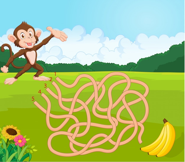 Jogo de labirinto para crianças com macaco e banana