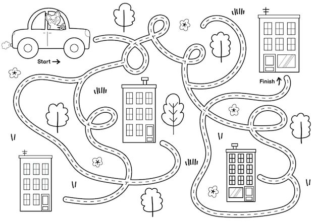 Jogo de labirinto preto e branco para crianças ajude o lindo cão a dirigir para terminar a atividade do labirinto para impressão para crianças