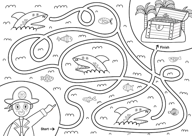 Jogo de labirinto preto e branco para crianças ajude o pirata a encontrar o caminho para o tesouro atividade de labirinto para impressão para crianças