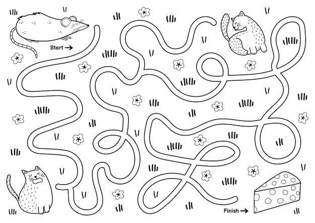 Jogo de labirinto preto e branco para crianças ajude o rato fofo e faminto a encontrar o caminho para o queijo atividade de labirinto para impressão para crianças