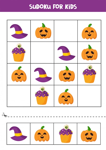 Jogo de lógica sudoku com elementos bonitos de halloween.