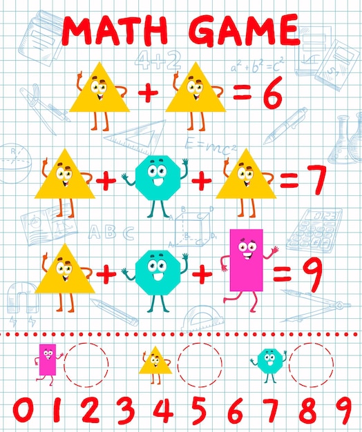 Jogo de matemática de adição com personagens de desenho animado