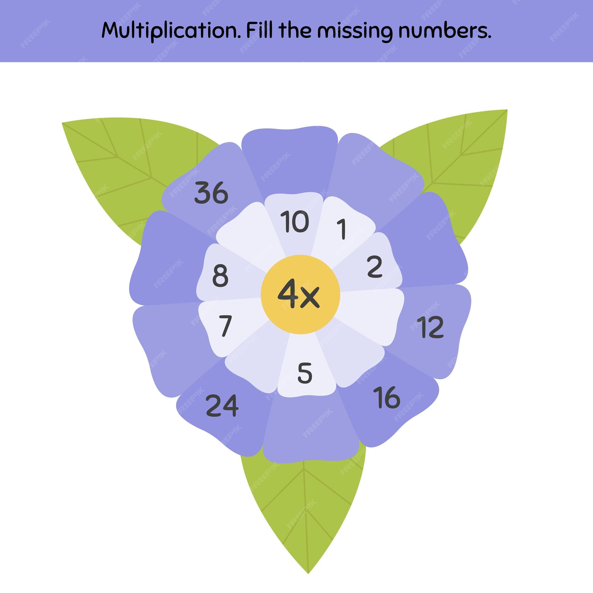 Jogo de matemática em multiplicação para crianças em idade pré-escolar e  escolar preencha os números que faltam