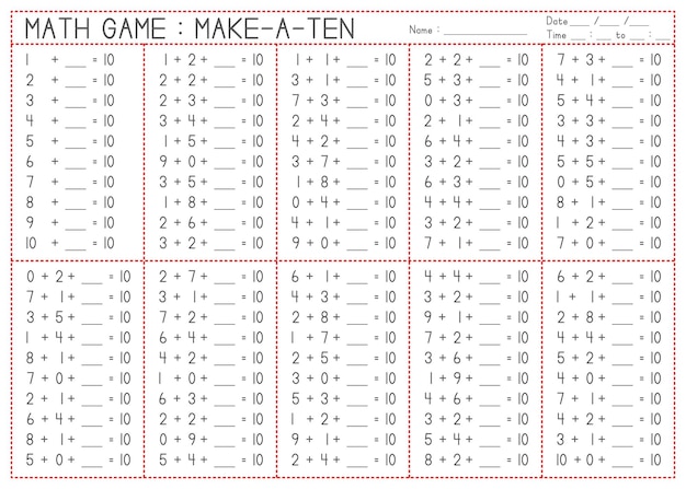 Jogo de matemática imprimível para crianças aprendendo MakeaTen