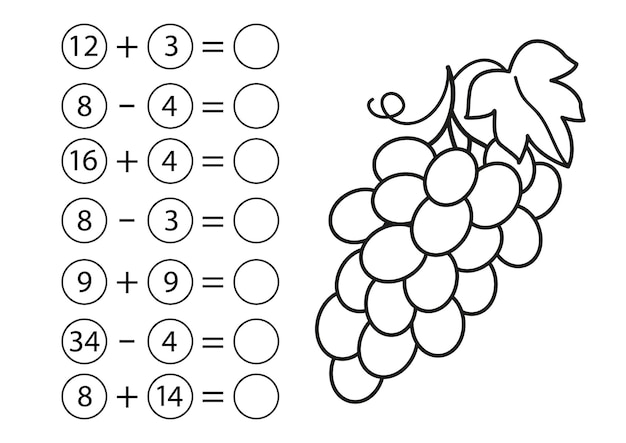 Jogo de matemática infantil subtração e adição de números colorir uvas mini tarefa escrever a resposta