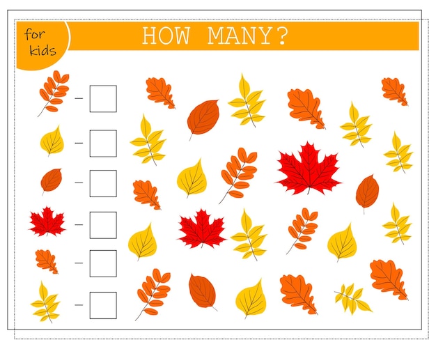 Vetor jogo de matemática para crianças conta quantas há no total de folhas de outono de árvores