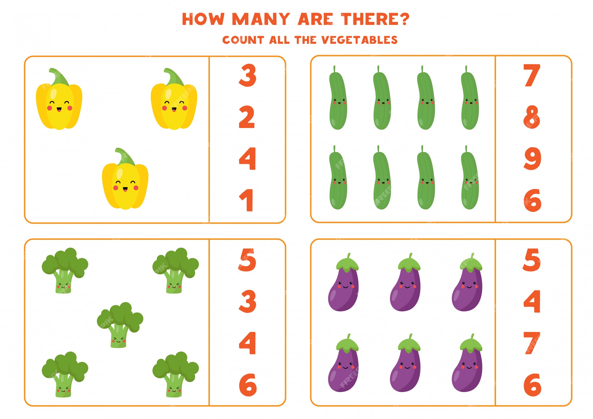 Jogo de matemática para crianças. conte o número de vegetais