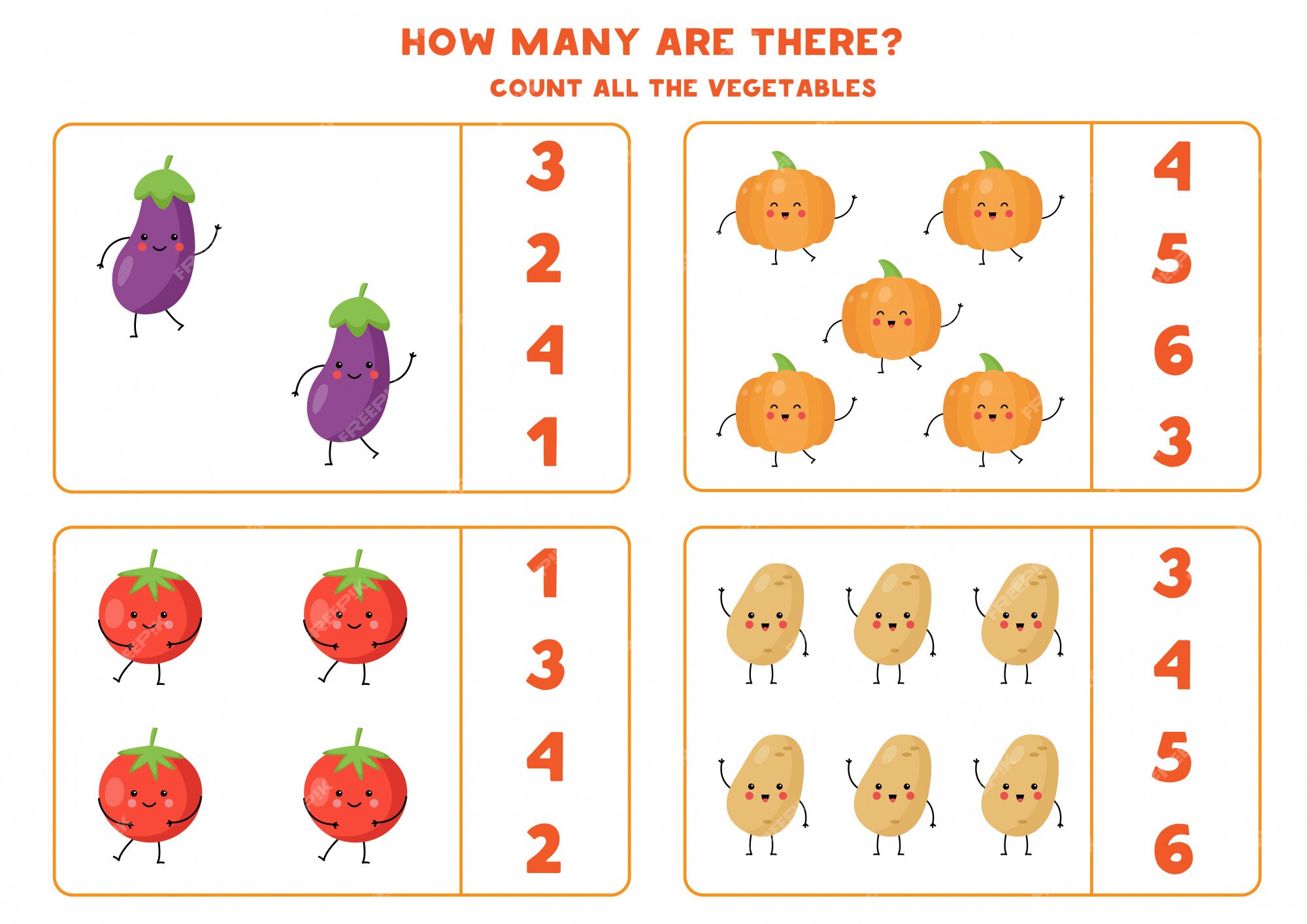 Jogo de matemática para crianças. conte o número de vegetais