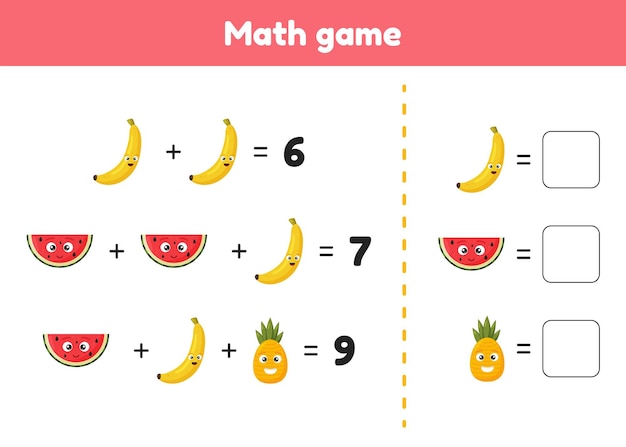 Jogo de matemática para crianças em idade pré-escolar e escolar contar e inserir os números corretos. adição