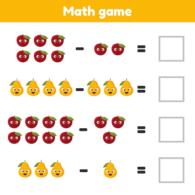 Jogo de matemática para crianças em idade pré-escolar e escolar conte e insira os números corretos. subtração de frutas