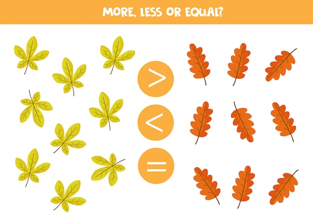 Jogo de matemática para crianças, mais, menos ou igual às folhas de outono.