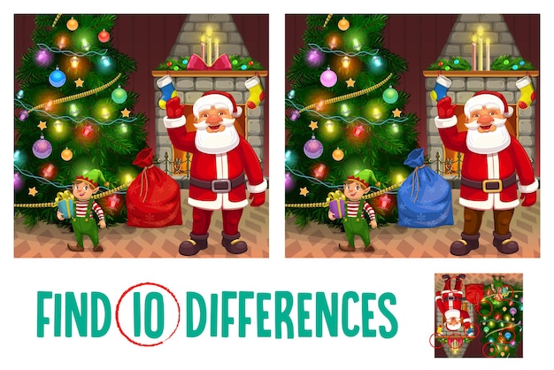 Jogo de natal para crianças, encontre dez diferenças enigma com personagens de papai noel e duendes, árvore de natal na sala de estar, vetor de desenhos animados de presentes. crianças brincando de atividade com tarefa de pesquisa de detalhes de imagem