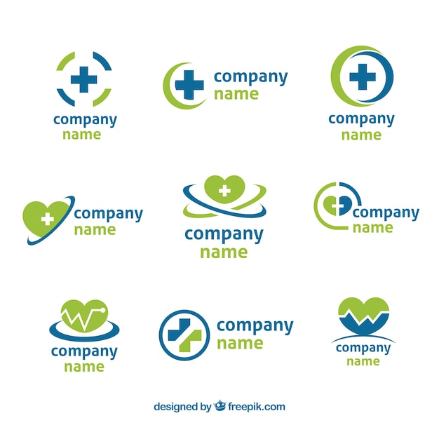 Jogo de nove logotipos de saúde verdes e azuis